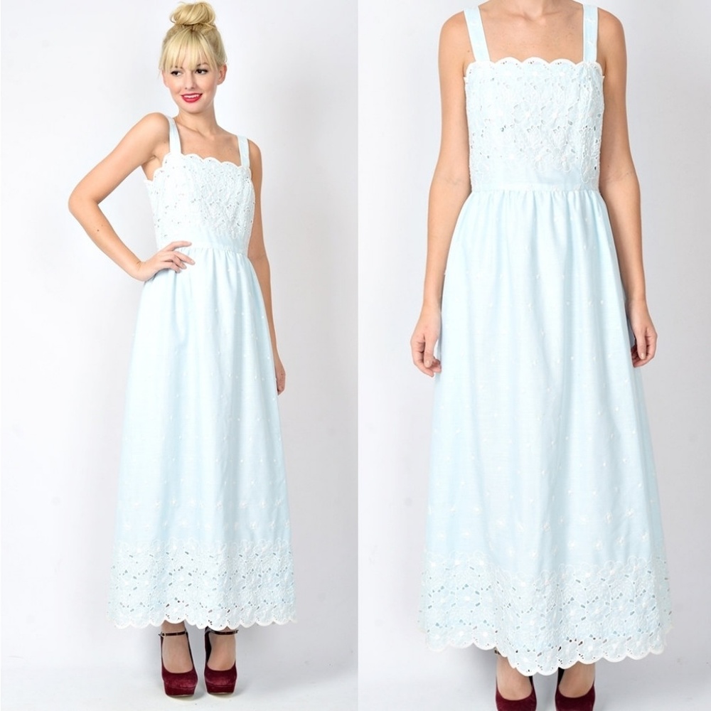 Vintage 70s Blue Lace Floral Daisy Boho Maxi Dress